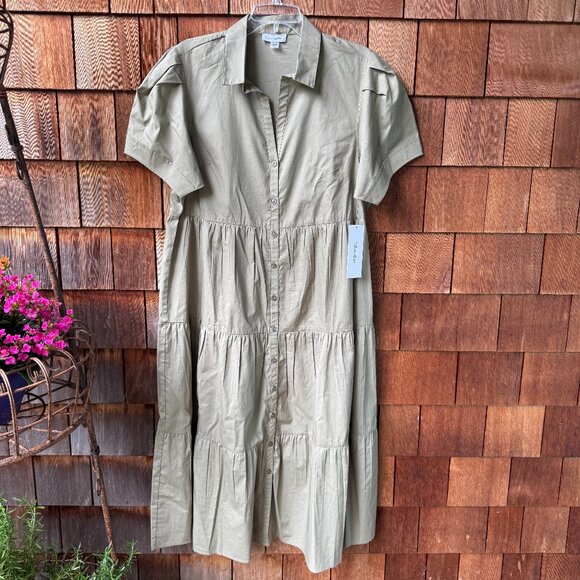 NWT Calvin Klein Olive Cotton Short Sleeve Button Front Shirtdress in Women's 14 - Picture 1 of 11